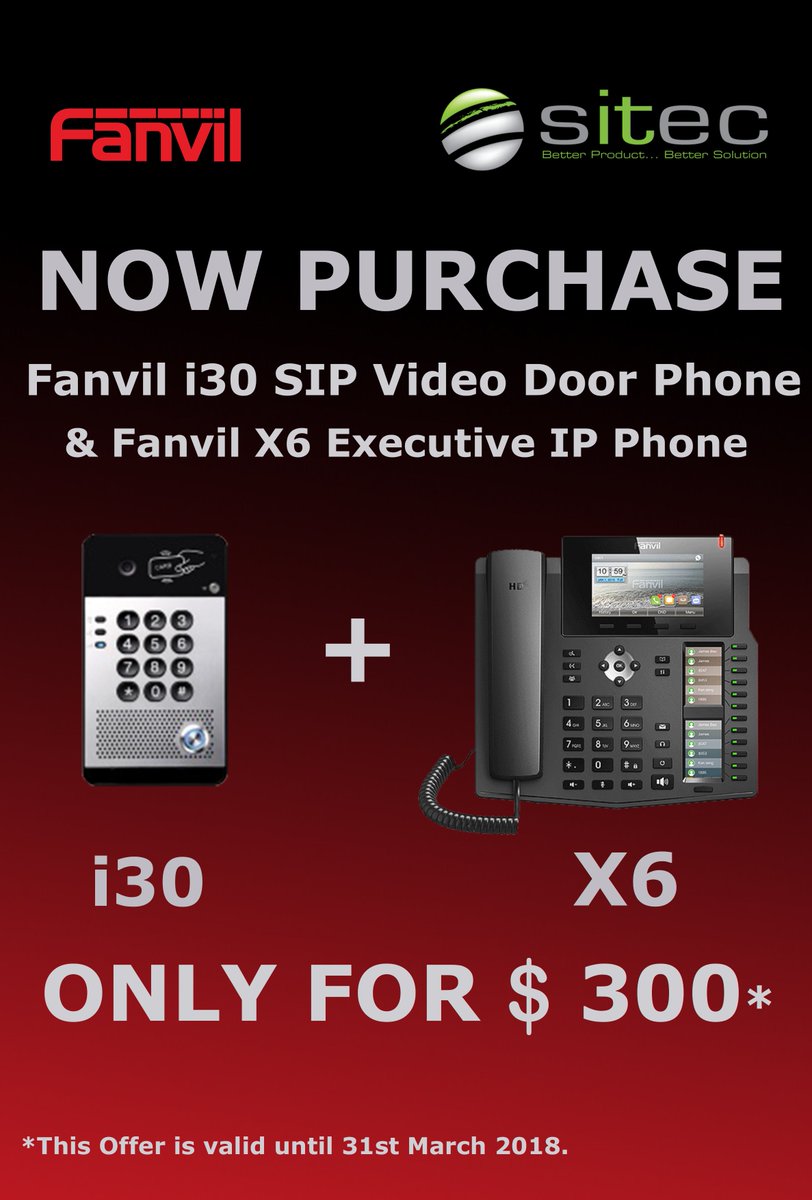 SitecTechnology's tweet image. Buy i30 + X6 from @Fanvil only for $300! Get this promotion now!
#MegaMarch #PromotionMonth #SitecPromotions
sitec.ae/fanvil-door-ph…

Check our promotions at sitec.ae/company/promot…