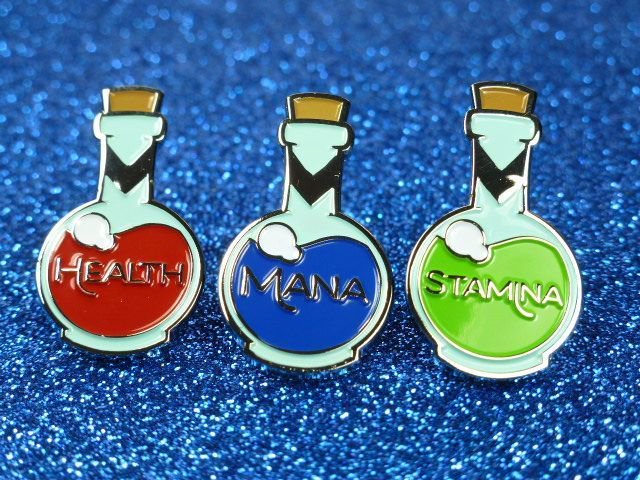 PowerUpPins's tweet photo. Missing our Potion Enamel Pins? Mana is now back in stock and rejoins Health and Stamina Potions again in our Etsy Shop. Available as a single, a twin or triple potion purchase! https://t.co/X36DCB4lWK https://t.co/xbG0pMb20K