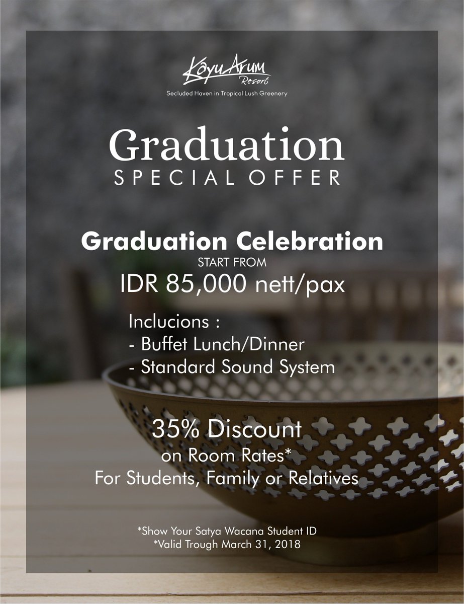Rencanakan perayaan kelulusan Anda di Kayu Arum Resort. Pesan kamar untuk keluarga dan dapatkan harga promo hanya dengan menunjukkan kartu mahasiswa. Silakan hubungi tim marketing kami melalui e mail marketing@kayuarum.com atau telepon di 0298-316654 untuk informasi lebih lanjut