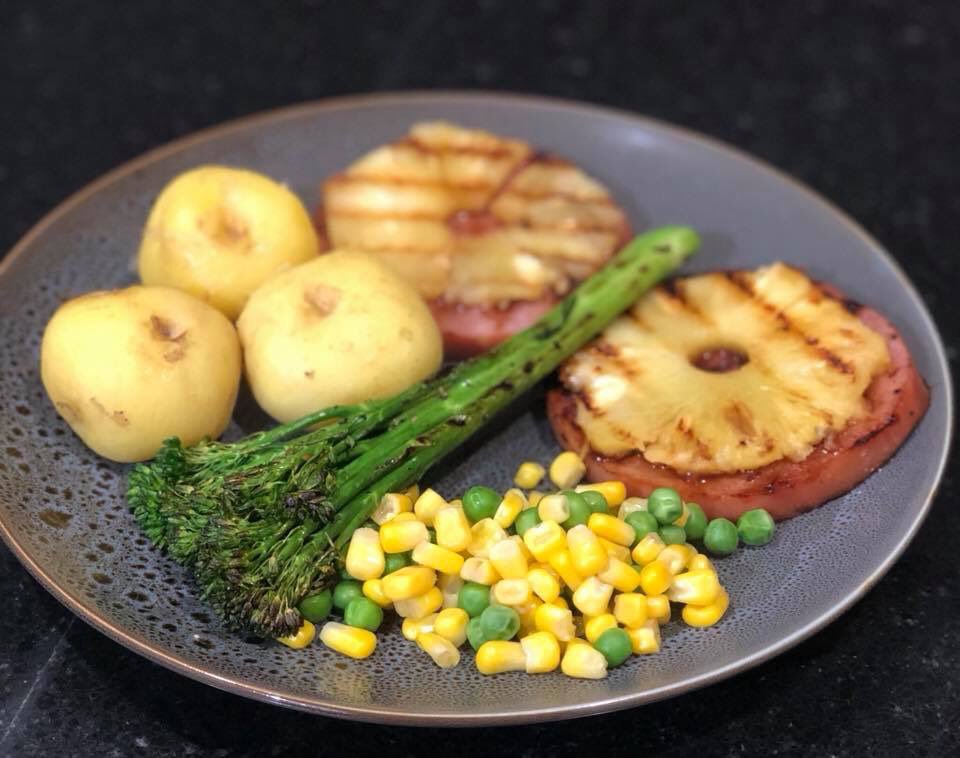 ang13is's tweet image. Ham steaks with my homegrown pineapple on top, pink eyed spuds, peas &amp;amp; corn &amp;amp; char grilled broccolini. #hamsteaks #pineapple #pinkeyepotatoes  #veggies #homemade #homegrown #gardens #gardening #delicious #food #foodie #foodporn #foodblog #foodblogger #fresh #fruit #delicious