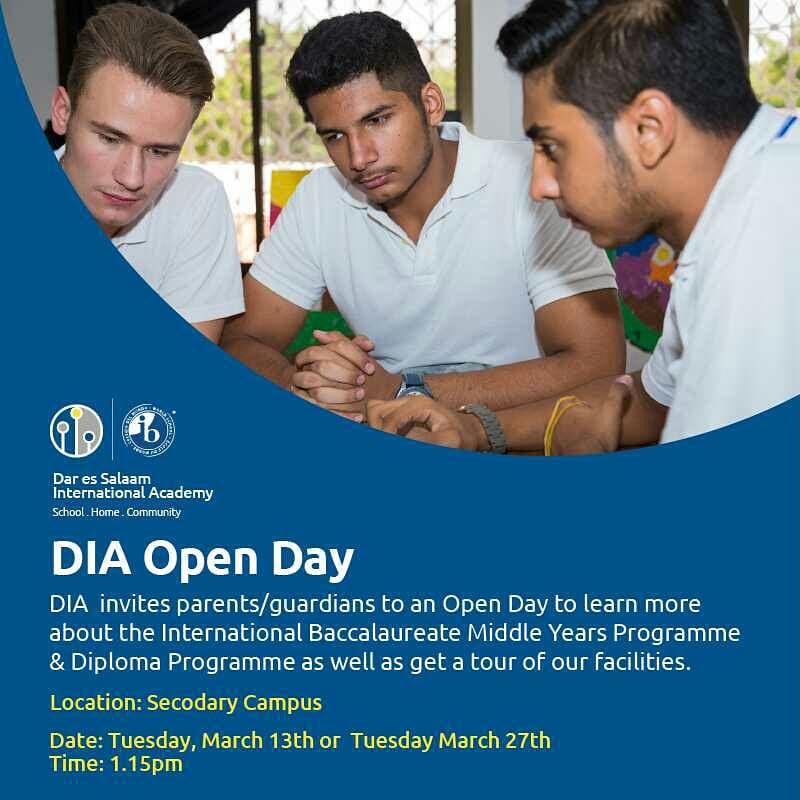 DiaTanzania's tweet photo. DIA  invites parents/guardians to an Open Day to learn more about the International Baccalaureate Primary Years Programme,International Baccalaureate Middle Years Programme &amp; Diploma Programme, as well as get a tour of our facilities. https://t.co/xa5f0fqvdf