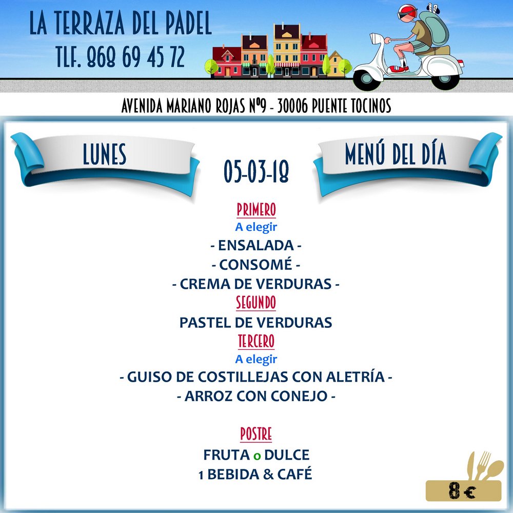 TerrazaPadel's tweet photo. Buenos días #lunes. #MenúLunes en @TerrazaPadel. #FelizLunes y buen inicio de semana. Entre otros… #Ensalada #Consomé #CremaDeVerduras #PastelDeVerduras #Guiso #ArrozConConejo #Fruta #Postre #PuenteTocinos #Deporte #Bienestar #Pádel #ComerBien https://t.co/yfbAF4L9ur