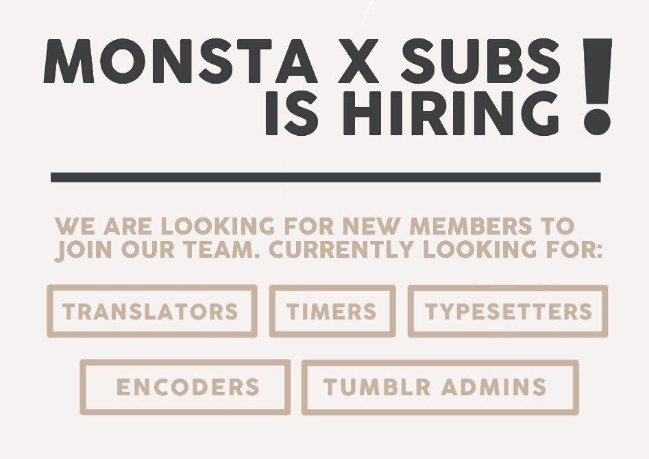 MONSTAXSUBS's tweet photo. Monsta X Subs is hiring! Help us bring better and faster subs by applying through the link below. 

Click for more details: https://t.co/G6gBo5CxCY https://t.co/mlCTAmmzPB