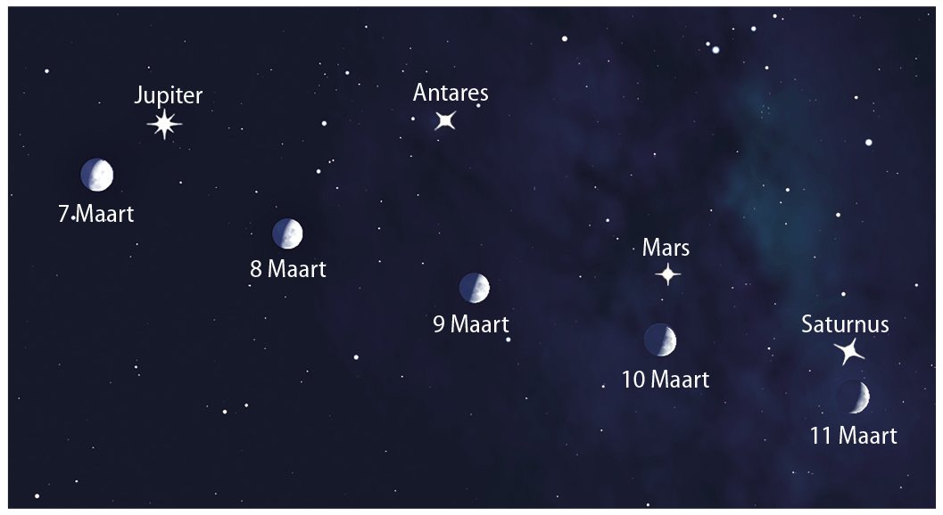 Vroegopstaners sal reeds van die begin van die maand af oplet dat die oggendplanete in ’n ry “aantree”. Van 7 tot 11 Maart beweeg die Maan al langs die ry af en vertoef ’n oomblik by elkeen! bit.ly/2FgQlyz