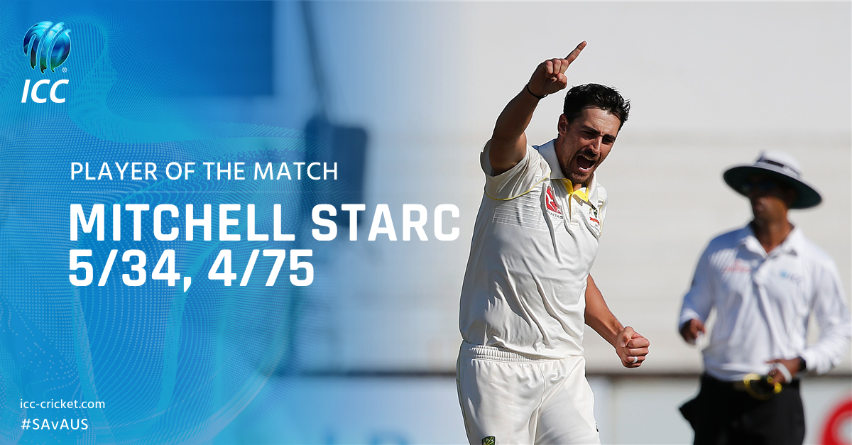 ICC's tweet photo. No hat-trick this time, but for his brilliant match figures of 9/109, the Player of the Match is @mstarc56! https://t.co/wN2HA0Sb7t
