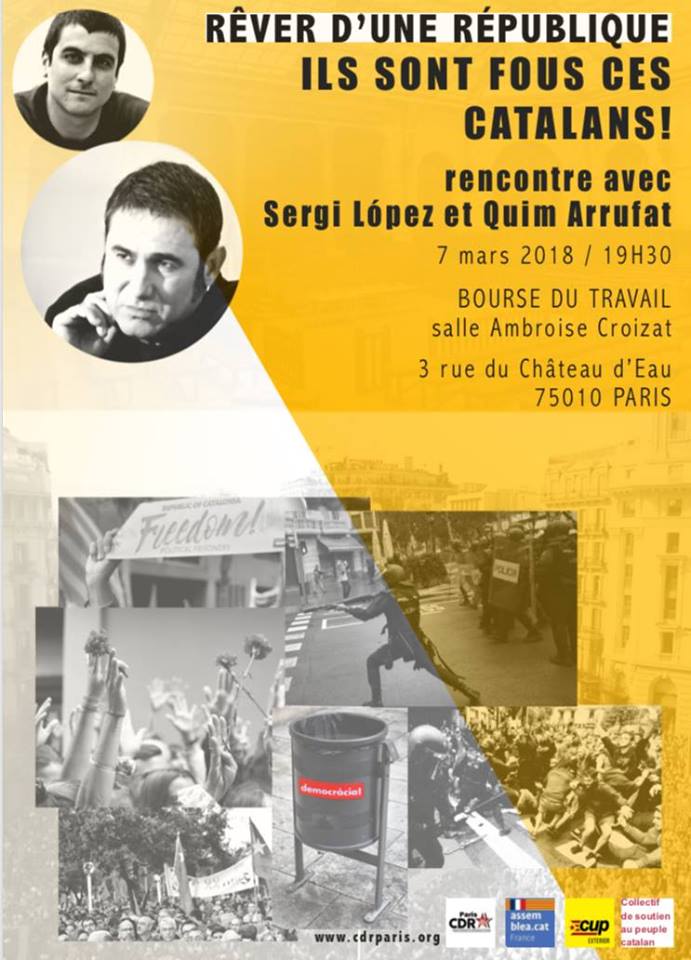 ⚠️ Rencontre avec l'acteur Sergi López por parler de la situation en Catalogne. 

Vous êtes tous invités!

📅 Mercredi 7 mars, 19h30
📍 Bourse de Travail (75010)

Venez nombreux !!