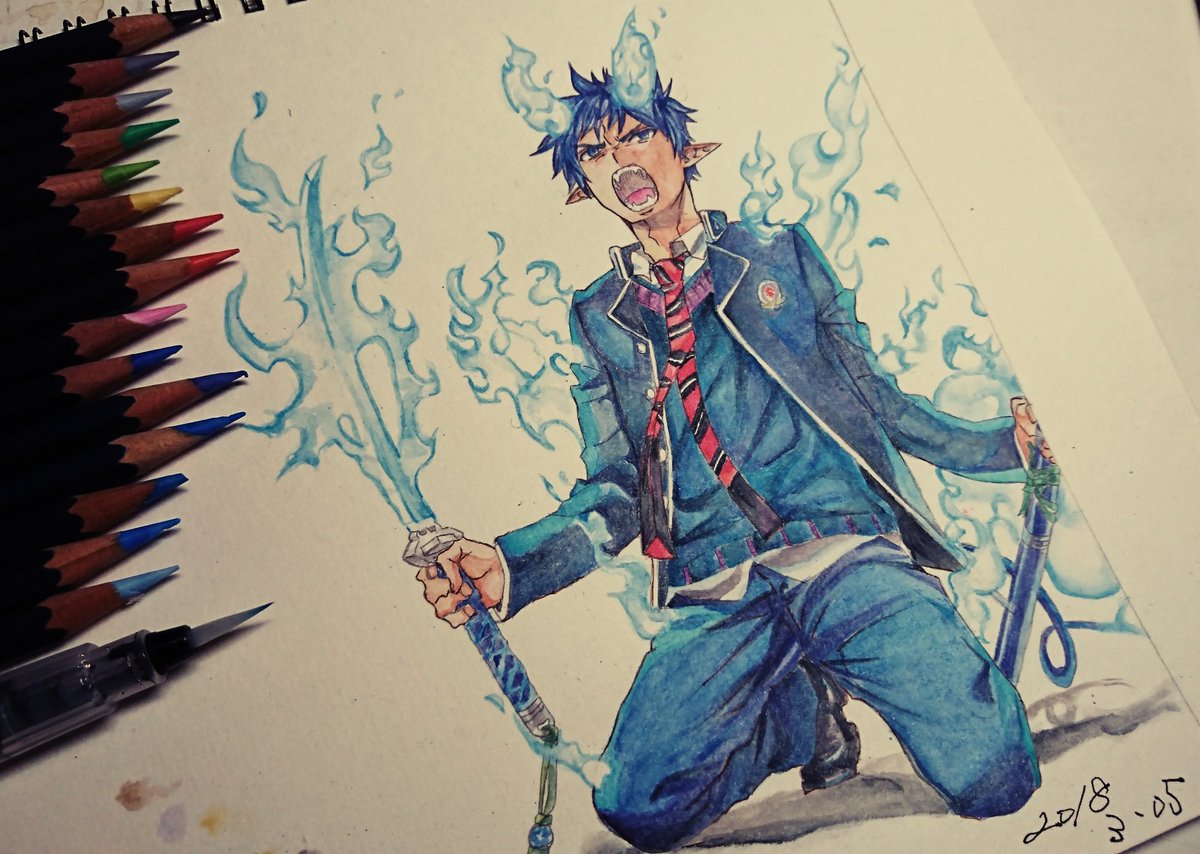 ミーカン Na Twitteru できましたん 21巻表紙 カッコよかったから描きたかったの 疲れたけど楽しかった 青の 祓魔師 水彩色鉛筆 模写
