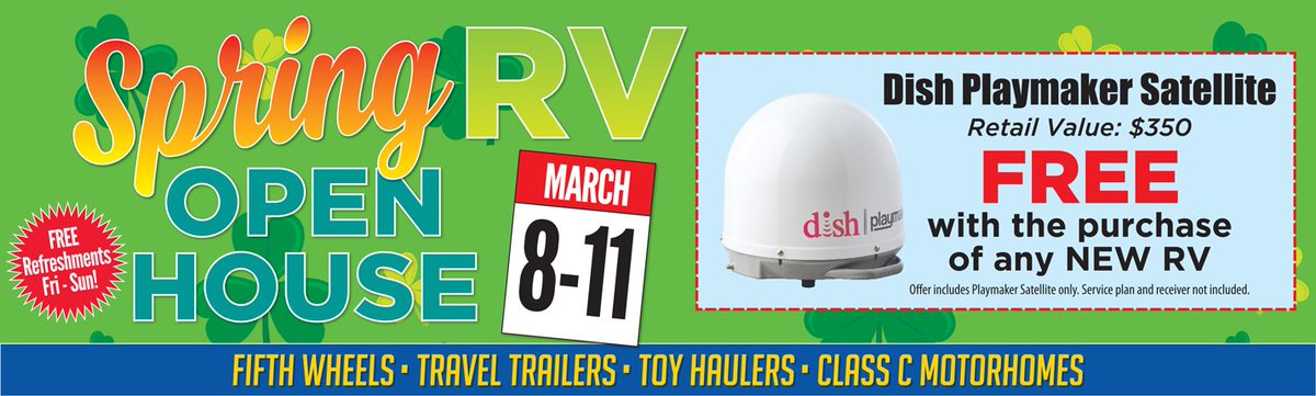 Our Spring Open House is almost here guys! March 8th-11th we will be giving away a FREE Dish Playmaker Satellite with the purchase of every NEW camper! We will be serving refreshments Friday-Sunday. Our hours Sunday are 11am-5pm. #ExpectSouthernHospitality