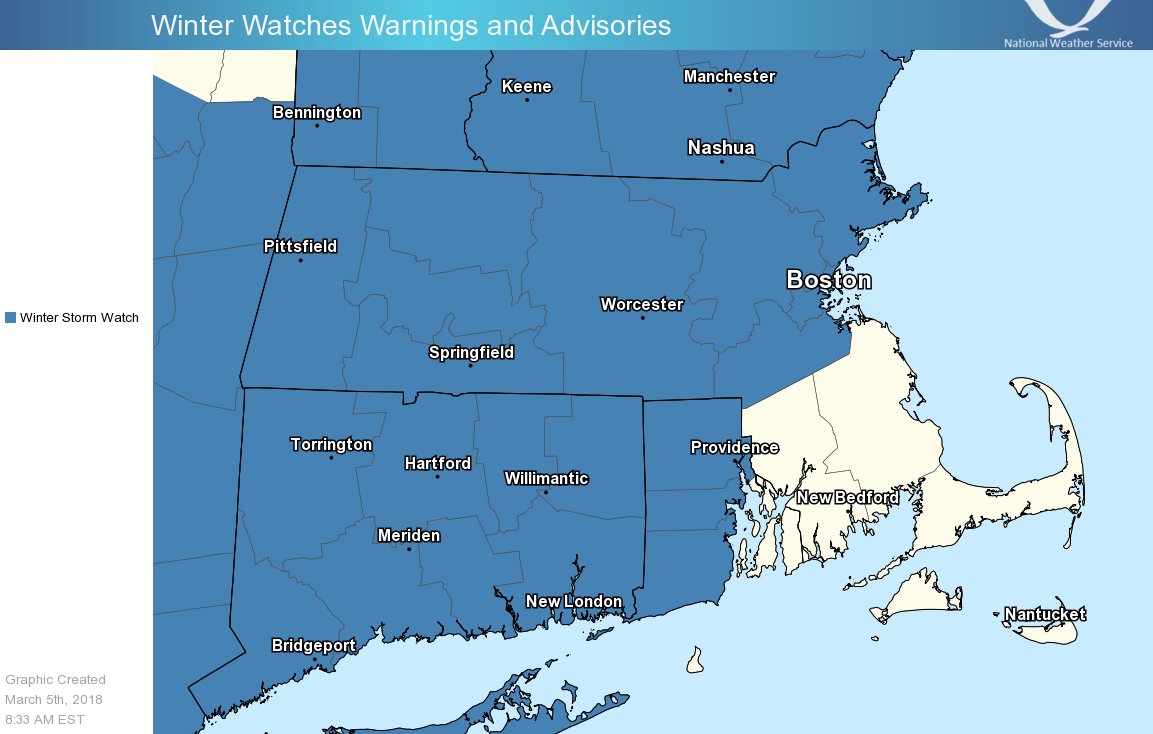 NWSBoston's tweet photo. While you were sleeping, a Winter Storm Watch Was Hoisted for much of New England (except the SE Coast).  Note that these totals will likely change some over the next 48 hours: https://t.co/nQzDz9Lvau