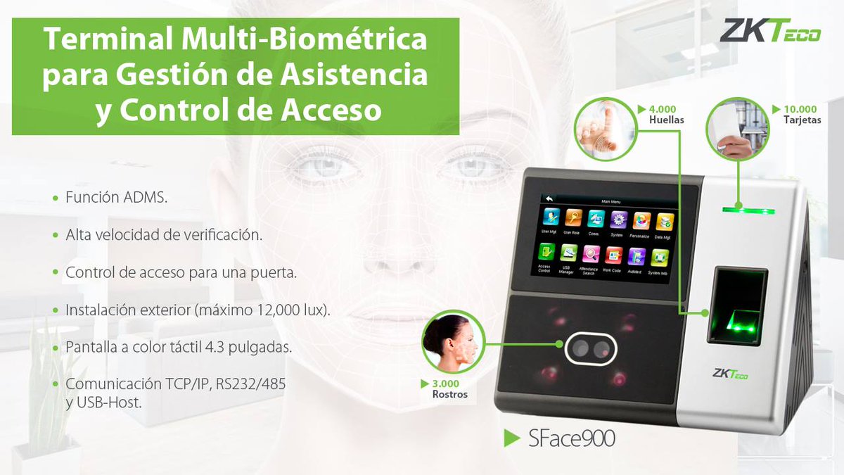 Reloj de Asistencia de Empleados y Control de Acceso.
Terminal equipada con una cámara de alto rendimiento, que permite su instalación en exteriores.
Administra hasta 3.000 usuarios👥, 4.000 huellas☝️ y 1 puerta🚪
zktecolatinoamerica.com/sface900