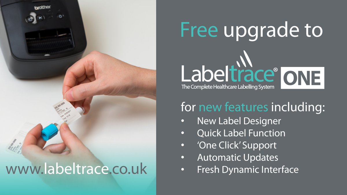 labeltrace's tweet photo. Labeltrace customers can now upgrade to #LabeltraceONE for #FREE. Enjoy the new features available without having to buy any new hardware, just visit our website and request an upgrade. https://t.co/1j5OFVeVuC #healthcare #label #nhs #GP #Surgery #pathology https://t.co/7Pqf6Tp0eS