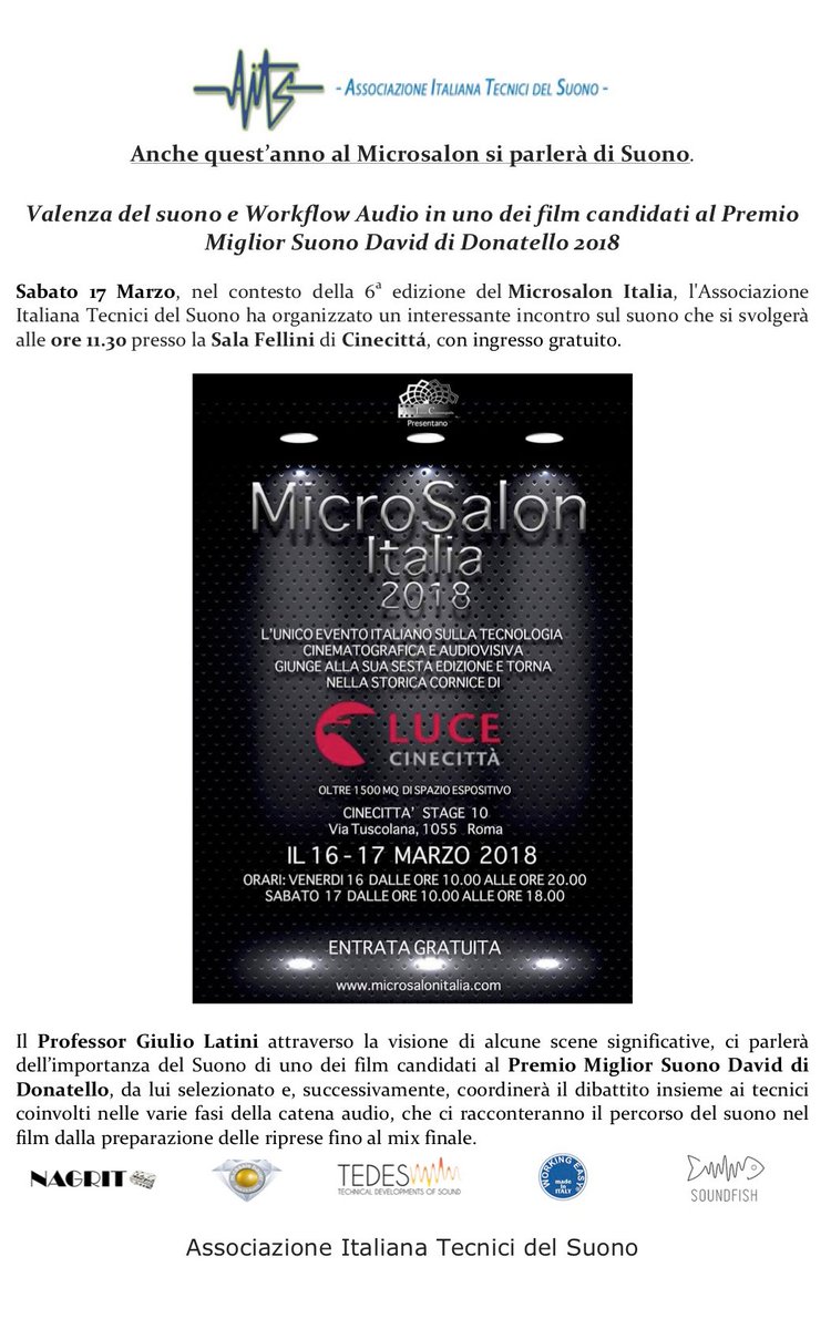 AitsNews's tweet photo. Sabato 17 Marzo, nel contesto della 6a edizione del Microsalon Italia, l'Associazione Italiana Tecnici del Suono ha organizzato un interessante incontro sul suono che si svolgerà alle ore 11.30 presso la Sala Fellini di Cinecittá, con ingresso gratuito. https://t.co/VVxWo1cUUh