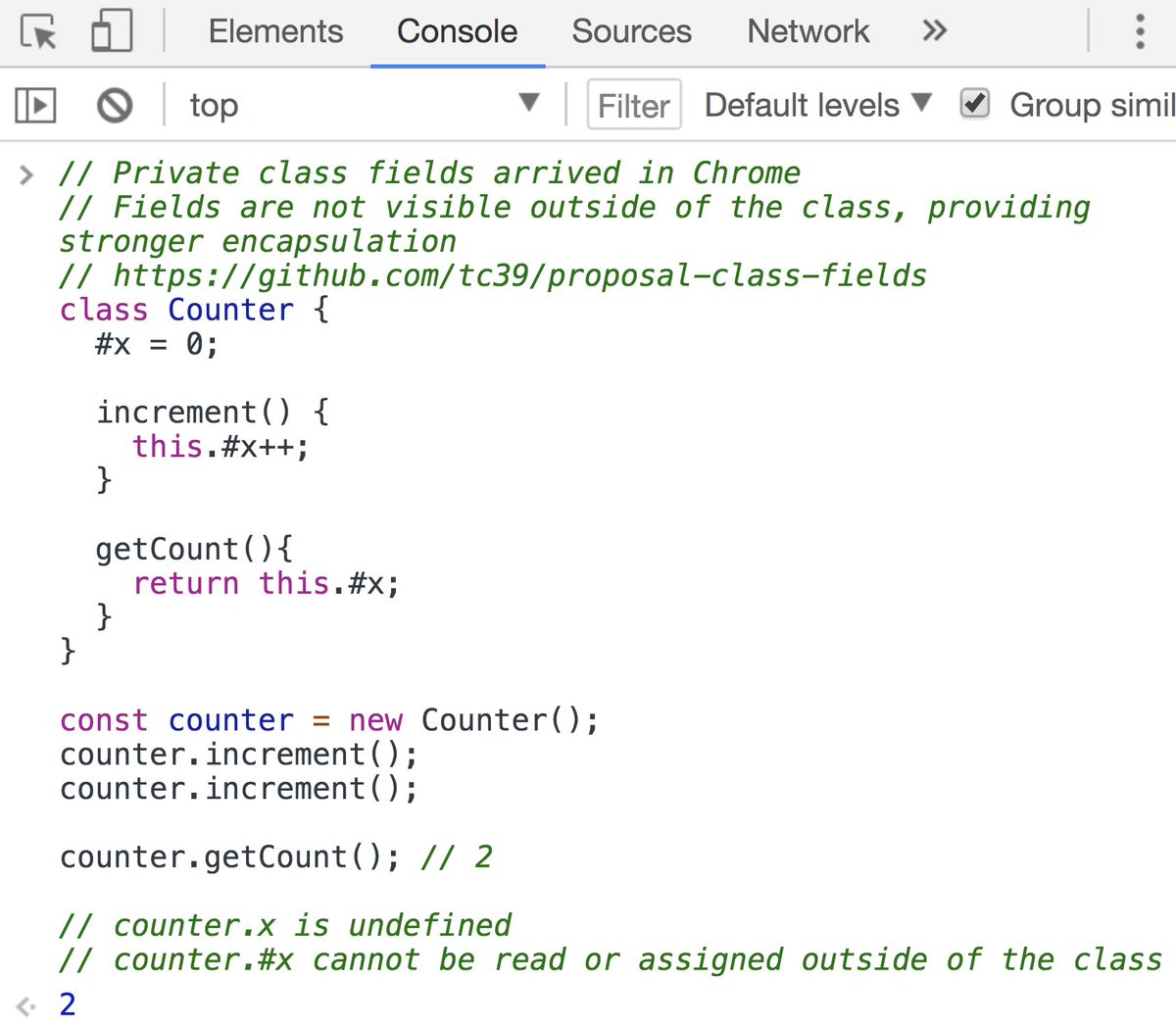 Private class fields (Stage 3) arrived in Chrome:
github.com/tc39/proposal-…
and coming to Babel:
github.com/babel/proposal…