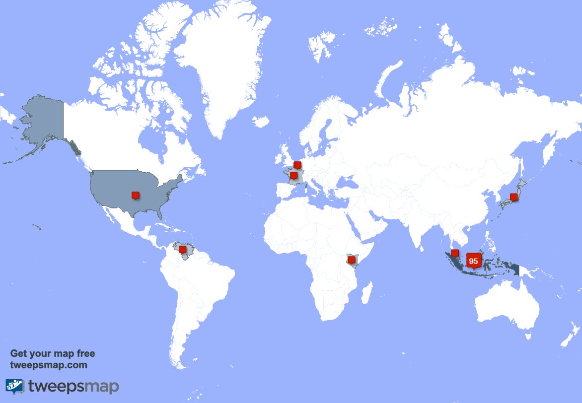 My followers live in Indonesia (93%), USA(2%)... Get your free map: tweepsmap.com/!jemilua_007