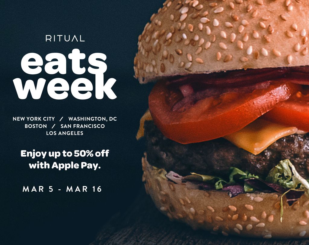 Eats Week is on in NYC, DC, Boston, SanFran, and LA! Enjoy up to 50% off at restaurants across your city. Search "Eats Week" in-app to find perks near you! #MyRitual #EatsWeek