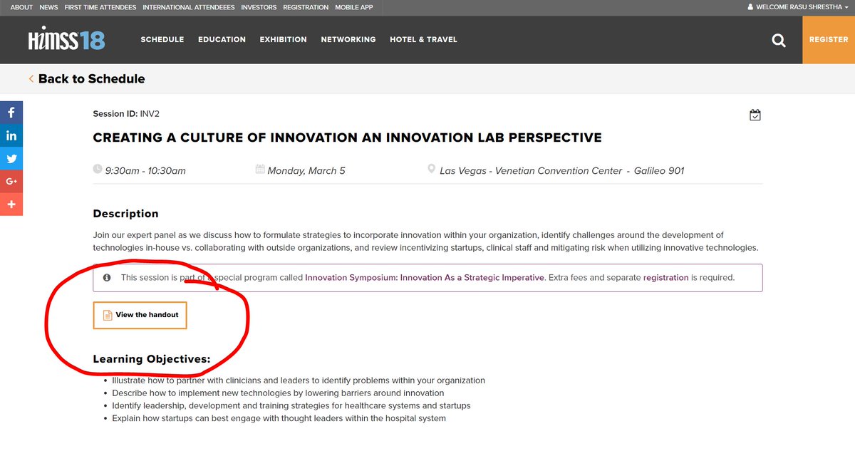 RasuShrestha's tweet image. #HIMSS18 tip = Did you know that handouts (PDFs of presentations) for most sessions can be found on the session page at himssconference.org or on the mobile app?

Follow along, or soak it all in later. 

#aim2innovate #HIMSSanity