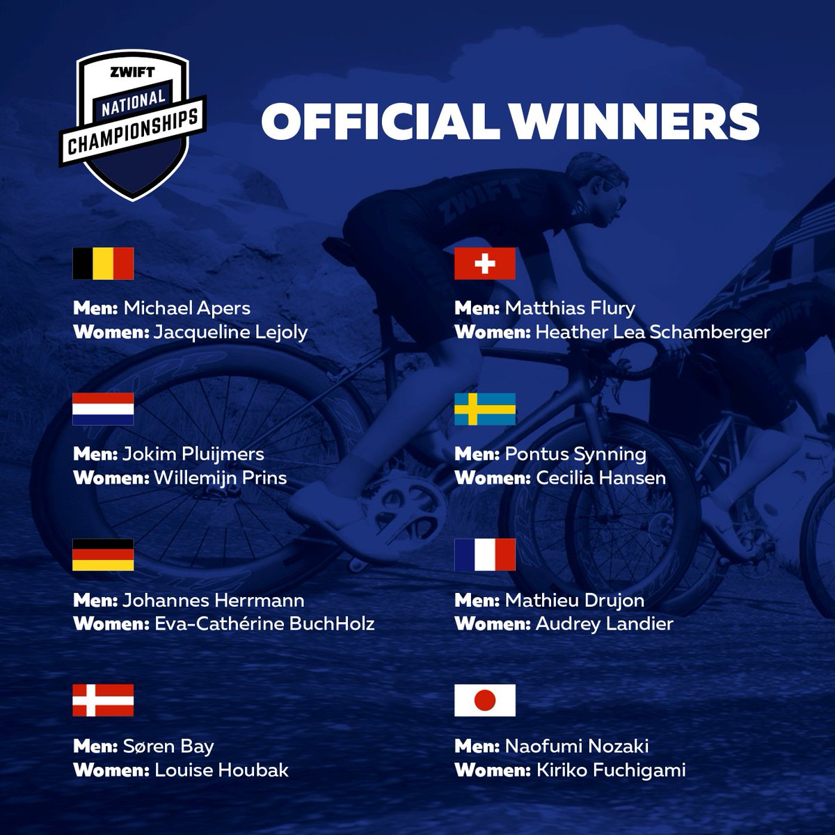 GoZwift's tweet photo. Here are your 2018 Zwift National Champions. Thanks to everyone who participated! #ZwiftNationals https://t.co/MKrF3TNg9a