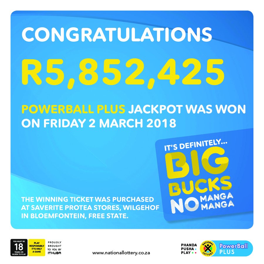 sa_lottery26's tweet photo. Congratulations Bloemfontein!
You have a new #PowerBallPLUS jackpot winner of R5,852,425 from the (02/03/18) draw. #ManualSelection ticket wager amount was R45!
Remember to #PhandaPushaPlay https://t.co/K1L1SwYqIM