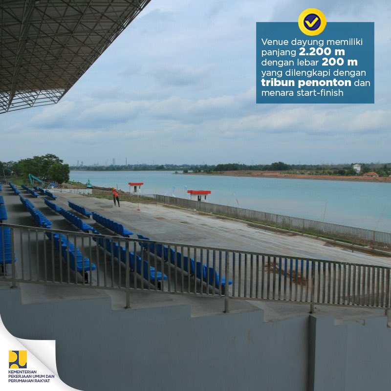 KemenPU's tweet photo. Venue #dayung memiliki panjang 2200 meter dgn lebar 200 meter yg dilengkapi dgn tribun penonton dan menara start-finish. Kawasan sekitar  venue jg dilakukan penataan sehingga menjadi rapi dan hijau sekaligus menjadi ruang terbuka hijau di Kota Palembang. https://t.co/L4q4EgkbJS