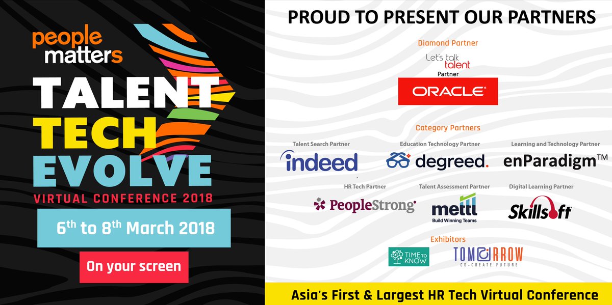 PeopleMatters2's tweet image. Industry leaders are joining hands with us for the first edition of #TalentTechEvolve. Here&apos;s thanking them for helping us put up a great show together. 
Look our for @Oracle_India, @Indeed_India, @degreed, @enParadigm, @peoplestrong, @mettl_, @Skillsoft, @TimeToKnow.