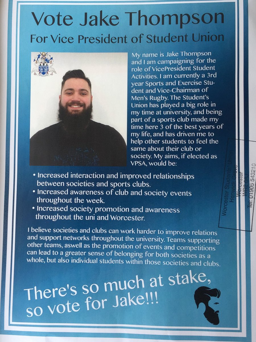 ForVpsa's tweet photo. Hi guys and welcome to my official campaign account for the upcoming election. Here is a look at my manifesto and what I will work towards for you guys! Remember to look out for me or members of my campaign team around campus 
Jake 
#voteWorc https://t.co/qQyTKP6F5w