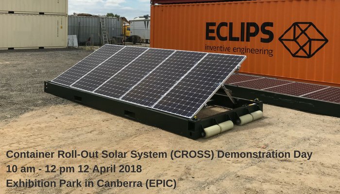 ECLIPS_Eng's tweet image. We&apos;re holding a demo day for the new #CROSS - the first #redeployable #solar system that&apos;s been designed to be intermodally transportable with plug-and-play installation and is scaleable from 2175 W to many megawatts. Call 1300 ECLIPS, or PM for invite.
#canberra #innovation