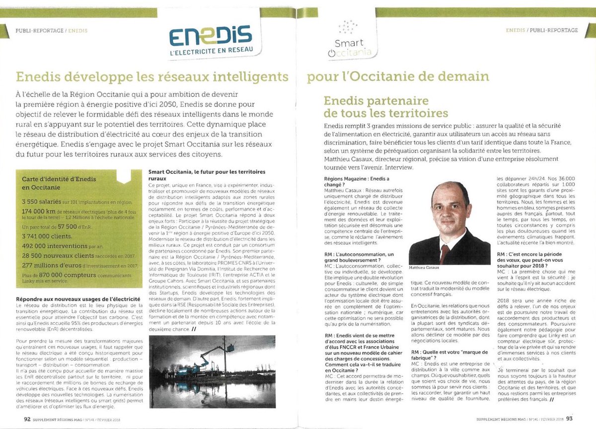 SmartOccitania's tweet photo. 👉A lire dans le supplément territorial @regionsmag consacré à la région @Occitanie : « Avec @SmartOccitania, @enedis développe les réseaux intelligents pour l’Occitanie de demain » #territoires #innovation https://t.co/pCkKQVNFfW
