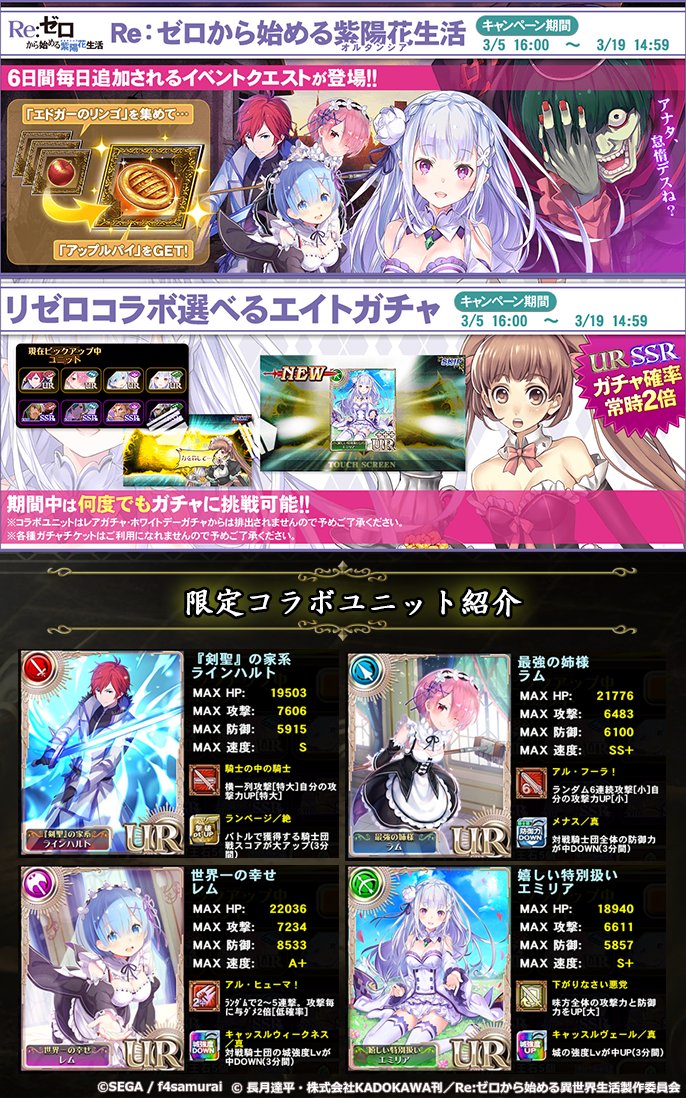 オルタンシア サーガ 公式 Twitter પર Re ゼロから始める紫陽花生活イベントがスタート さらに コラボ を記念したur Ssr確率常時2倍の選べるエイトガチャも開催中です 注目はオルサガイラストレーター陣描きおろしのurリゼロユニットたち 絵が美麗なのはモチロン
