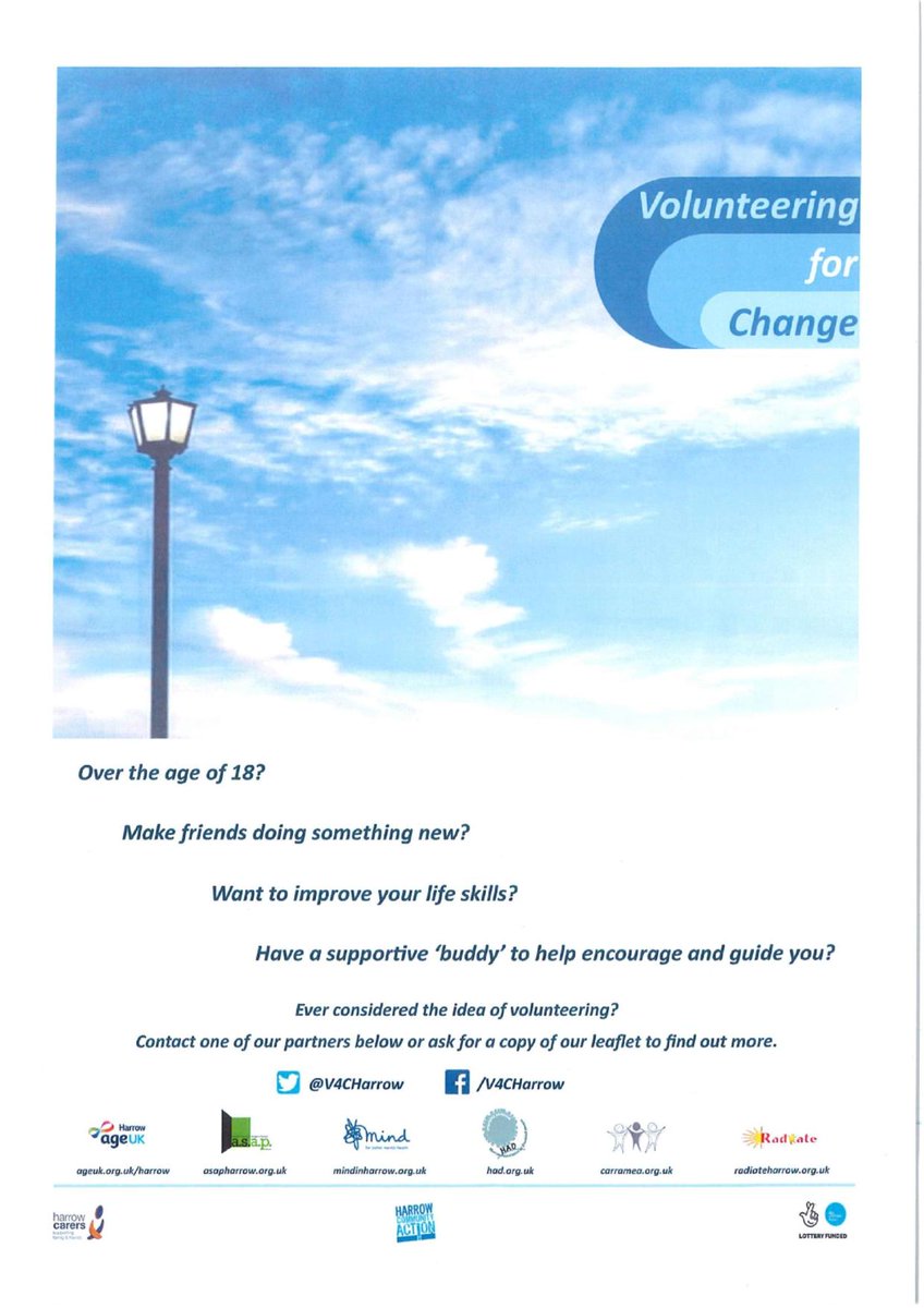 Fantastic opportunity to get involved with volunteering in Harrow! 'Volunteering for Change’ can offer support, encouragement and guidance to help you along the way. Email: info@mindinharrow.org.uk or Telephone: 0208 426 0929 to find out more.