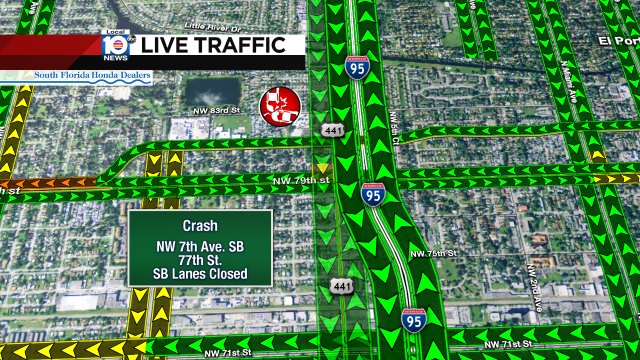 CRASH: NW 7th Ave & 77th St. all SB lanes are shut down. #TRAFFIC #TRAFFICALERT #MIAMI https://t.co/5ruKORYYlF
