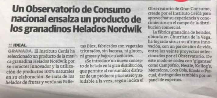 El <a href="/InstitutCerda/">Institut Cerdà</a> ha  seleccionado a Palettas por su carácter innovador por el Observatorio de Consumo Nacional.

#NordwikExperience #NordwikGranada #Premium #HeladosGranada #AmoPalettas #PalettasLove #TodoFruta #Helados #Alimentación #Hortalizas #GlutenFree #FamiliaNordwik