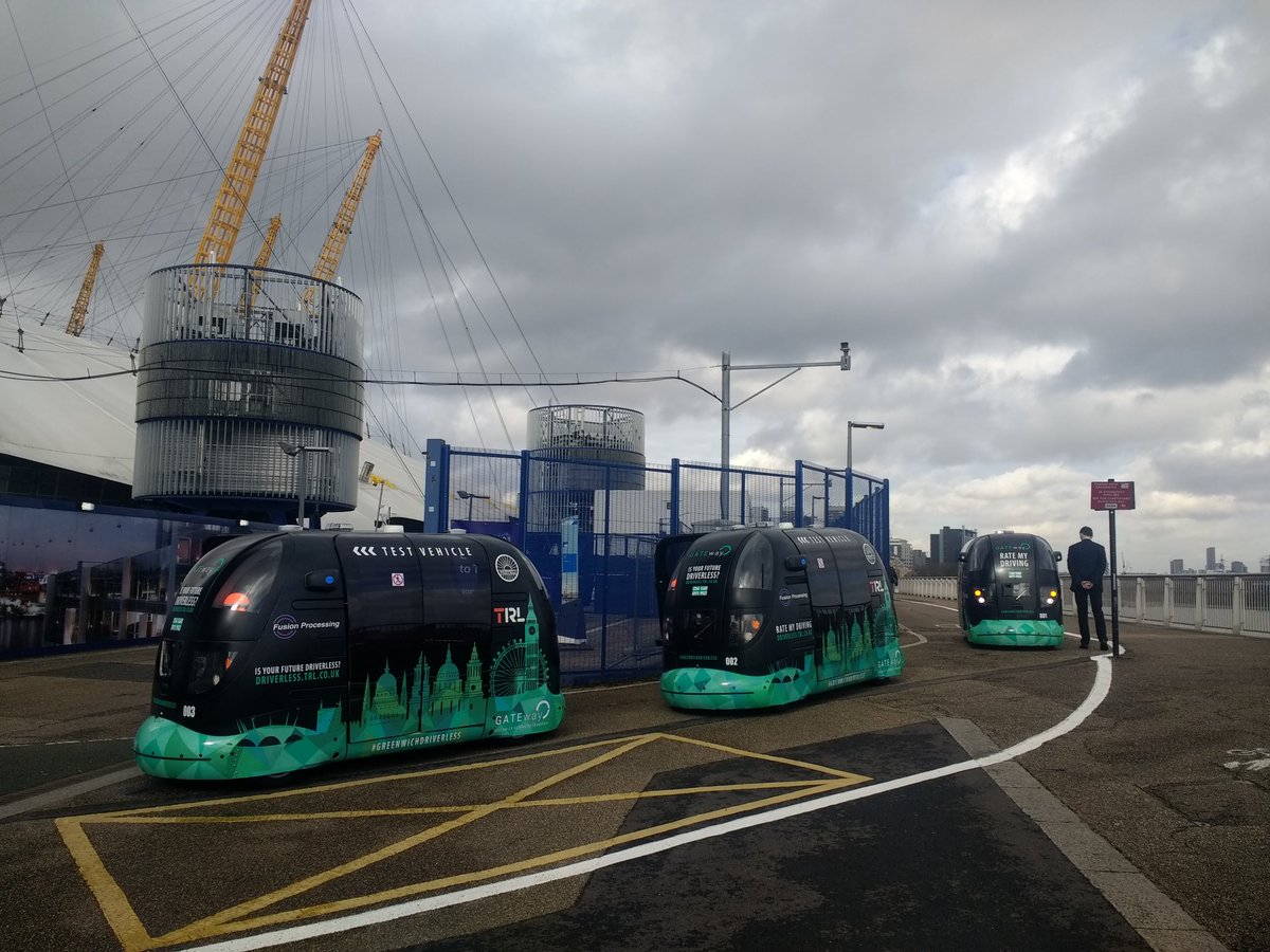 AndyBFrost's tweet photo. Three of the @FusionProc powered @WestfieldAvs PODs on duty @GATEway_TRL and ready for public trials @rcuerden_trl https://t.co/kf7aNOUjd2