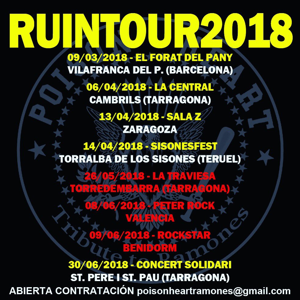 🧡VALENCIA, VENIMOS!🧡

#ruintour2018

Viernes 8 de junio <a href="/PeterRockClub/">Peter Rock</a> #valencia 

Sábado 9 de junio Rockstar #benidorm #alicante 

Aprovechamos también para informar que cambiamos la fecha del bolo en La Traviesa, que pasa al sábado 26 de mayo!

#ramones #tributo