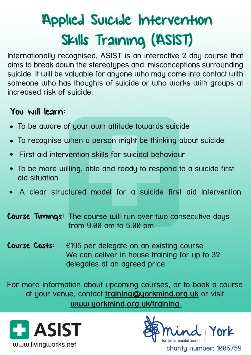 TheYorkMind's tweet photo. Looking to expand your knowledge? Join @TheYorkMind @MindfulMarkW for #MentalHealth #Training New course dates available for #MentalHealthFirstAid and #ASIST  Contact training@yorkmind.org.uk 01904 643 364 or https://t.co/5DjHNQfO8H for details #york #MentalHealthMatters https://t.co/EtIMfWFokw