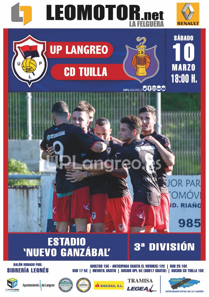 UPLangreo's tweet photo. 🏆 Jornada 29
🆚 @CDTuillaOficial
📆 Sábado 10
🕕 18h
🏟 Nuevo Ganzábal
📍 Langreo
🎟
• Adulto Anticipada (L-V): 12€
• Adulto: 15€
• Sub 25: 10€
• Sub17: 5€
• Infantil: Gratis
• Socios #UPLangreo: 5€ (Sub17: Gratis)
• Socios #CDTuilla: 10€
#️⃣ #UPLvTUI 🔵🔴🆙 https://t.co/NxxgBK9XDK