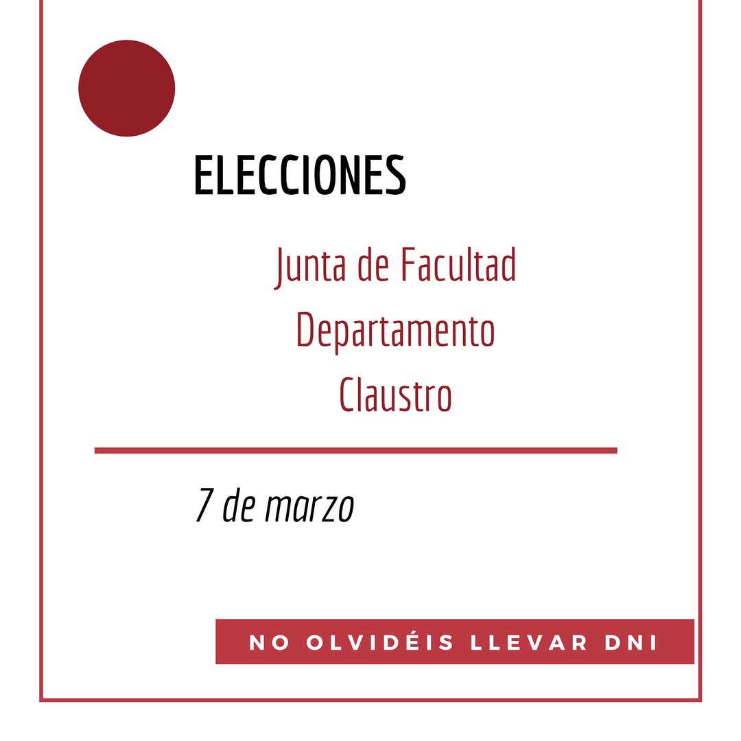 El miércoles se celebran las elecciones a representantes de Junta de Facultad, Departamento y Claustro. En la Facultad de Psicología las mesas estarán situadas en la Sala de Juntas de 11:00 a 17:00. ¡Acordaos de llevar DNI!