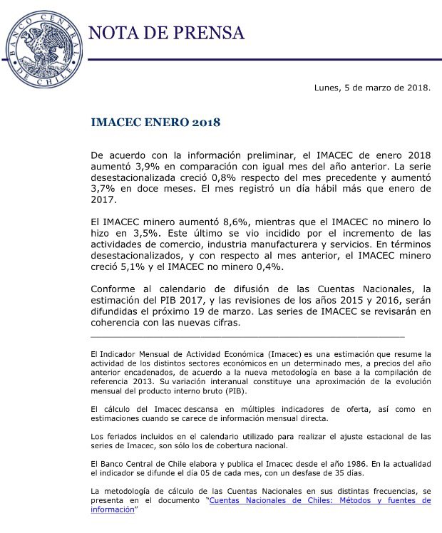Banco Central de Chile publicó #Imacec de enero de 2018 en su sitio web bit.ly/2Fep43U #bcentralestad