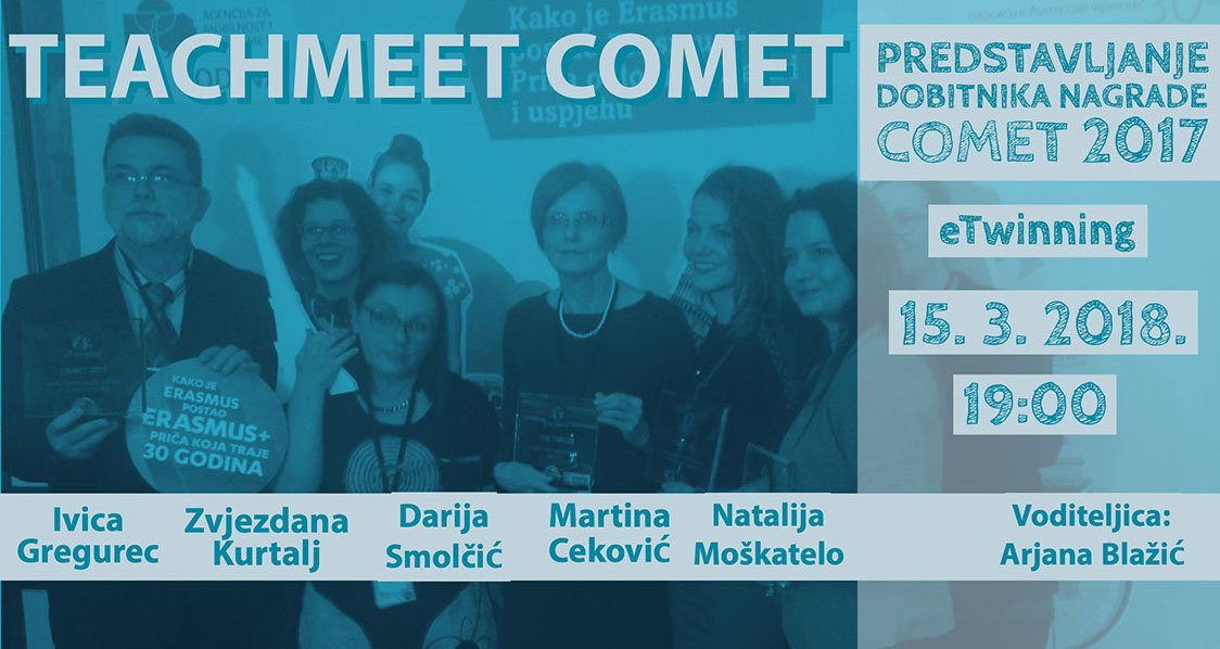 eTwinningHR's tweet photo. S veseljem vas pozivamo na Teachmeet COMET na kojem ćemo predstaviti dobitnike COMET nagrada za 2017. g. #teachmeet će ce održati online 15.3. u 19:00 sati, a vodit će ga naša #etwinning ambasadorica @abfromz #ampeu https://t.co/2Mhh41WE7H