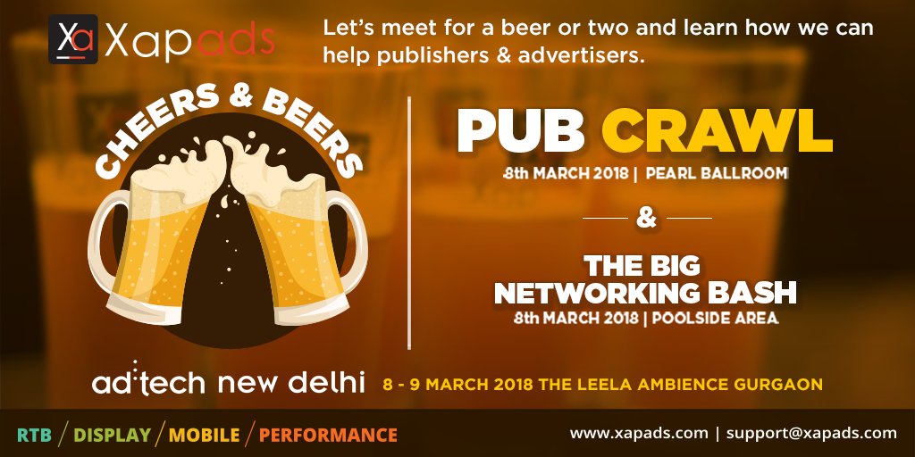 xapads's tweet photo. Meet us over a beer or two and enjoy the biggest networking bash. Also meet our experienced team to understand how we at Xapads can help you as a publisher &amp; advertiser. @adtechIndia 
#adtechIN #XapadsMedia https://t.co/UhZ8JMHQAm