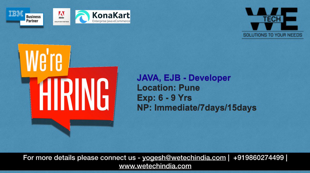 WeEducation7's tweet photo. We are hiring Java,EJB Developer.
Please connect us on - yogesh@wetechindia.com

@wetechsys @yogeshmaid @MinakshiDhamale @viit_pune @SinhgadCollege @dktestei @IBMIndiaJobs @Naukarilelo @JobOrNoJob @WeEducation7 https://t.co/7f3QDKYd4e