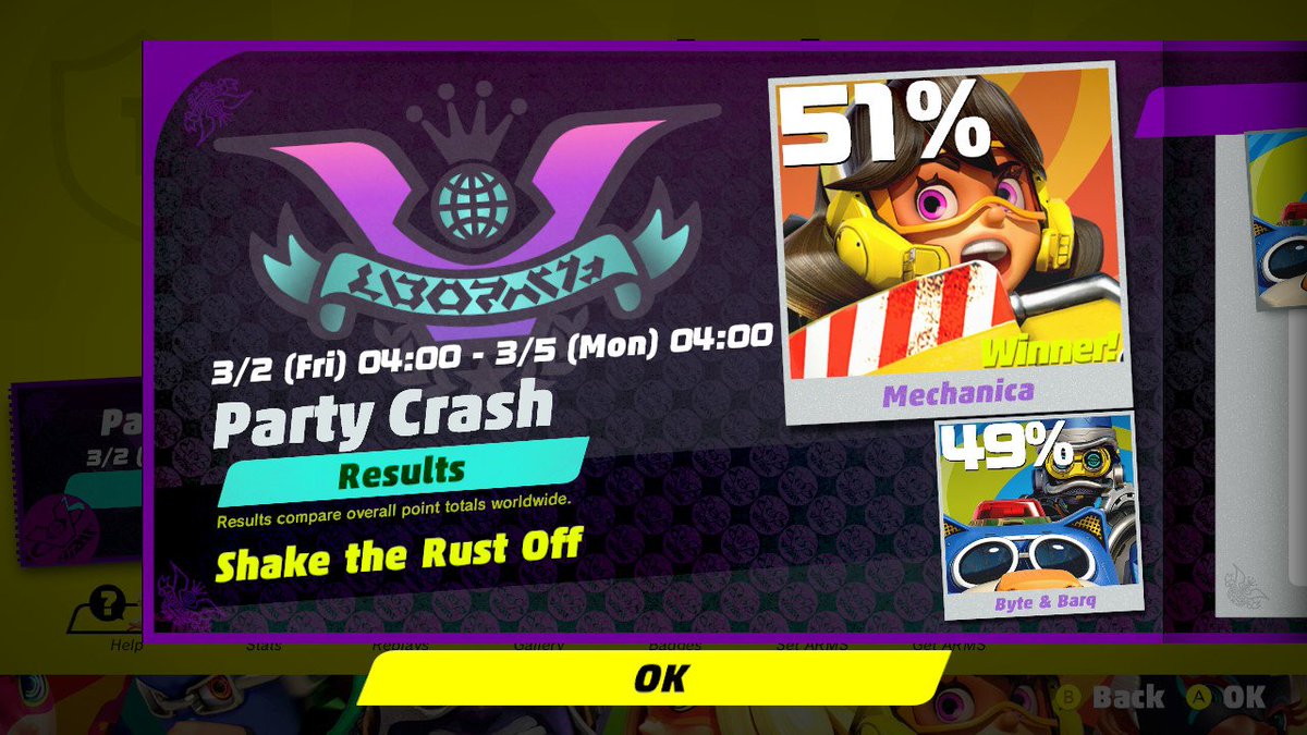 GoldDreams's tweet photo. #Mechanica won the 6th #ARMSPartyCrash event against my man #ByteAndBarq Congratulations to everyone who participated!#NintendoSwitch #ARMS https://t.co/sVdJ0KCCOI