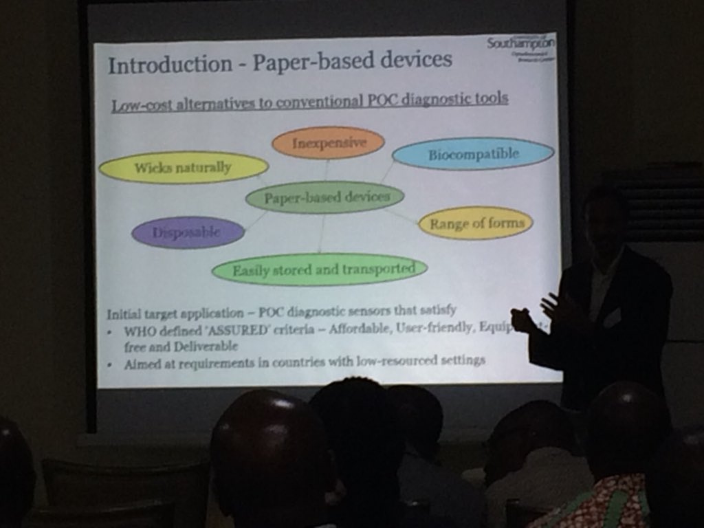 NAMRIP_SotonUni's tweet photo. Dr Collin Sones on how paper based diagnostics can help fight #AMR with a low cost solution #GlobalNamrip2018  at our joint conference with #INDEPTHNetwork in Accra https://t.co/X5YhU9sZqN