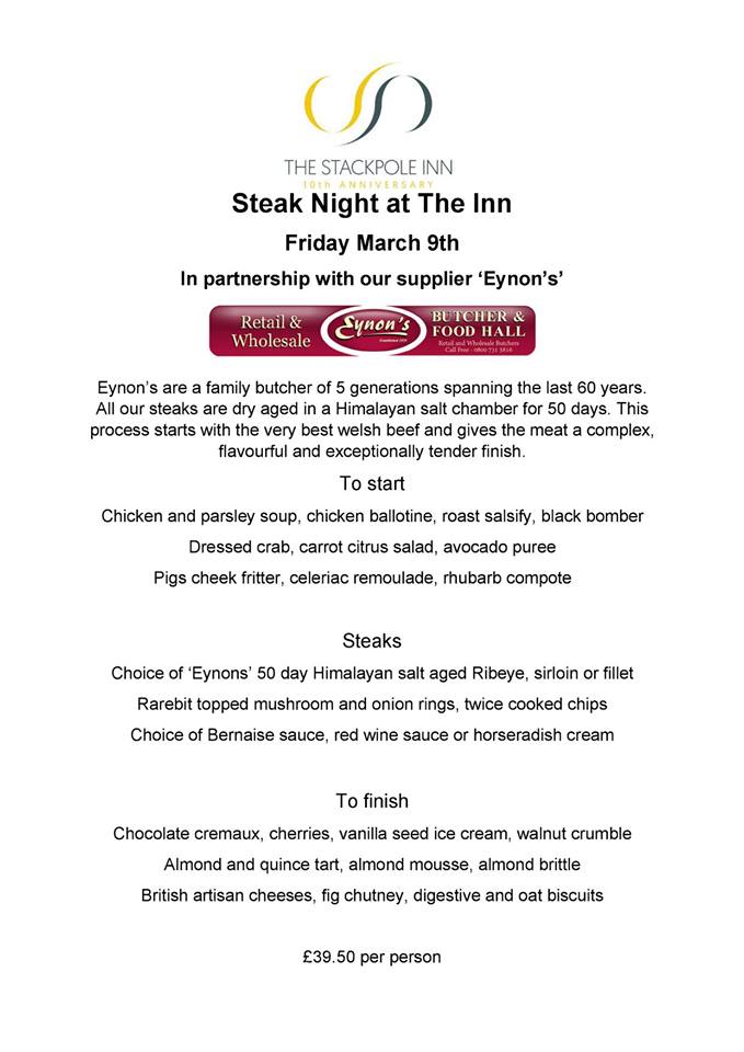 TheStackpoleInn's tweet photo. We're having supplier night on Friday 9th March with Eynon's Butchers of St. Clears, with this delicious menu.. #steaknight #butchers #goodfood https://t.co/nL9QMIHI91