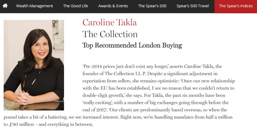CollectionLLP's tweet image. We are delighted that our founder and Managing Partner - @caroline_takla - has for the third consecutive year been featured by @SpearsMagazine as 'Top Recommended #London Buying Agent' in its annual #Property Index!

#LondonProperty #UKProperty #BestInLondon #BestBuyingAgent