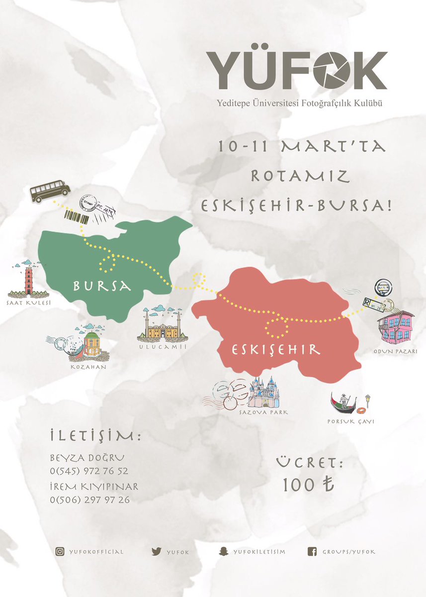 Yeni rotamız belli oldu🗺 Yüfok Eskişehir ve Bursa’ya gidiyor!!!! 🚌   10-11 Mart tarihlerinde Eskişehir ve Bursa’dayız.Sen de Eskişehir’in eşsiz güzelliğini görmek ve Bursa’nın tarihi hanlarını fotoğraflamak istiyorsan bize katıl! Kontenjan sınırlı acele ediin! 😉