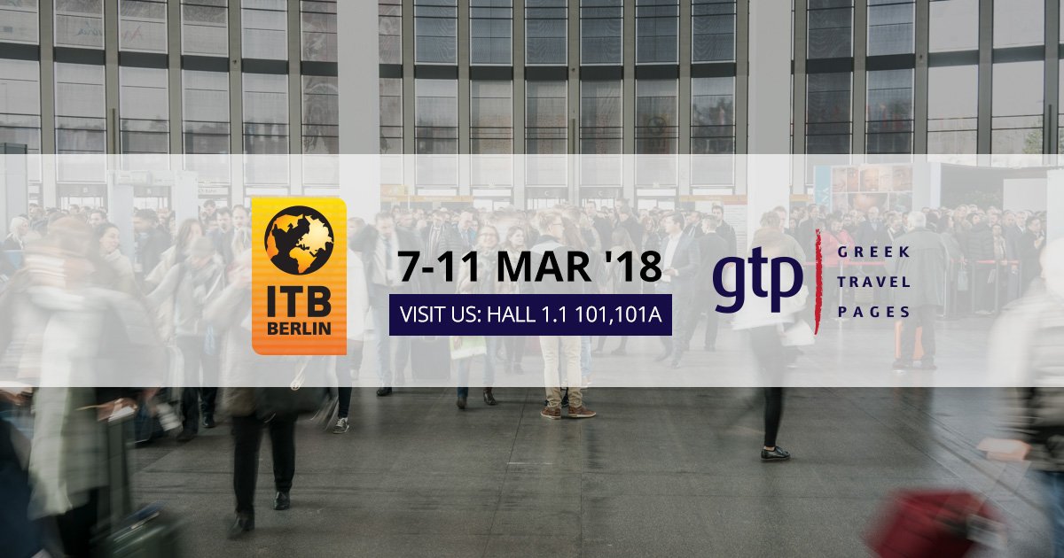 gtpgr's tweet photo. GTP & GTP Headlines will attend @ITB_Berlin 2018! Join us & learn all about the best Promo Plan for your company powered by the No1 Travel & Tourism media for Greece. For setting an appointment please contact: sales@gtp.gr
#itb2018 #itb #gtp #gtpheadlines #travel #tourism #news https://t.co/fKCcacktqq