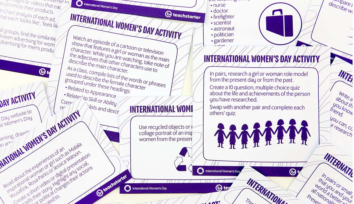 womensday's tweet photo. Teachers, if you're after printable activity task cards for #IWD2018 then head over to https://t.co/SFQzvwT8Q6 to download PDFs, access women's profiles, watch videos, enter the competition, see reading lists and more. Thanks for encouraging your students to #PressforProgress https://t.co/a9uDC0bMwL