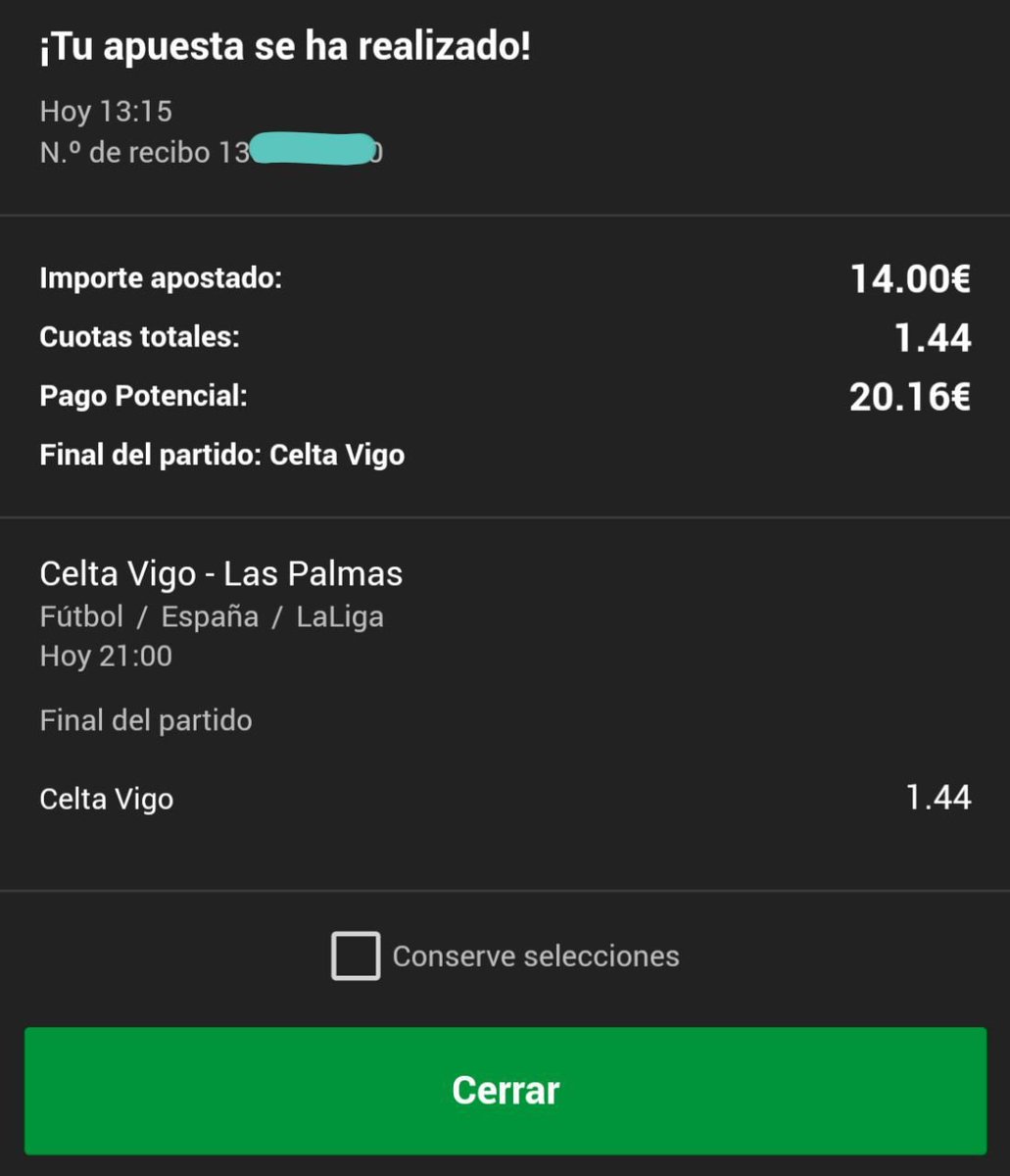 🤑 Apuesta de hoy del reto:

➖➖➖➖➖➖➖➖
📅 05/03/2018.
🕒 21:00.
🏆 La Liga Santander.
⚽️ Celta vs Las Palmas.
👉 Gana Celta.
💶 14€.
📉 <a href="/1/">1</a>,44.
➖➖➖➖➖➖➖➖