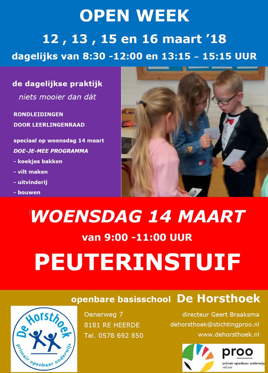 Welkom op de Horsthoekschool
Open week op 12,13, 15 &amp; 16 maart
Peuterinstuif woensdag 14 maart van 09.00 - 11.00 uur