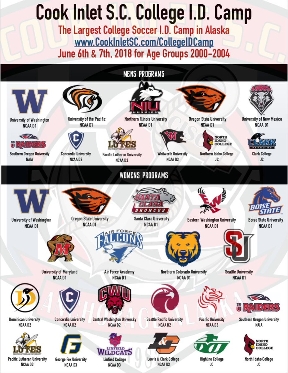 Come and join us and 20+ top notch college coaches in Alaska’s biggest College ID Camp 

Open to 2004-2000 age groups

Look forward to seeing you there 😃

cookinletsc.com/CollegeIDCamp